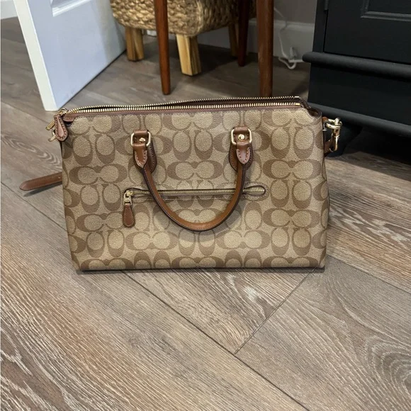 Coach Signature Canvas Satchel with Brown Leather Trim - Picture 7 of 10